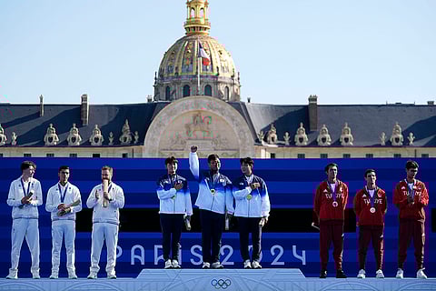 Archery men's team medal ceremony: Teams France (Silver), South Korea (Gold), and Turkey (Bronze)